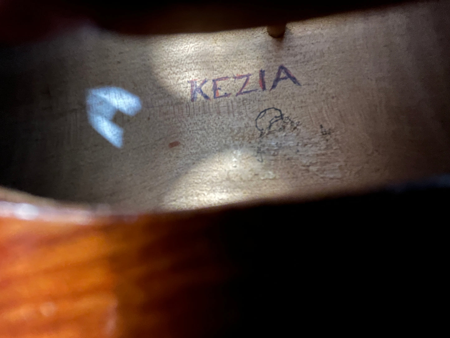 Bluegrass old tyme style folk Fiddle / Violin with the word 'Kezia' written inside - single piece flamed back