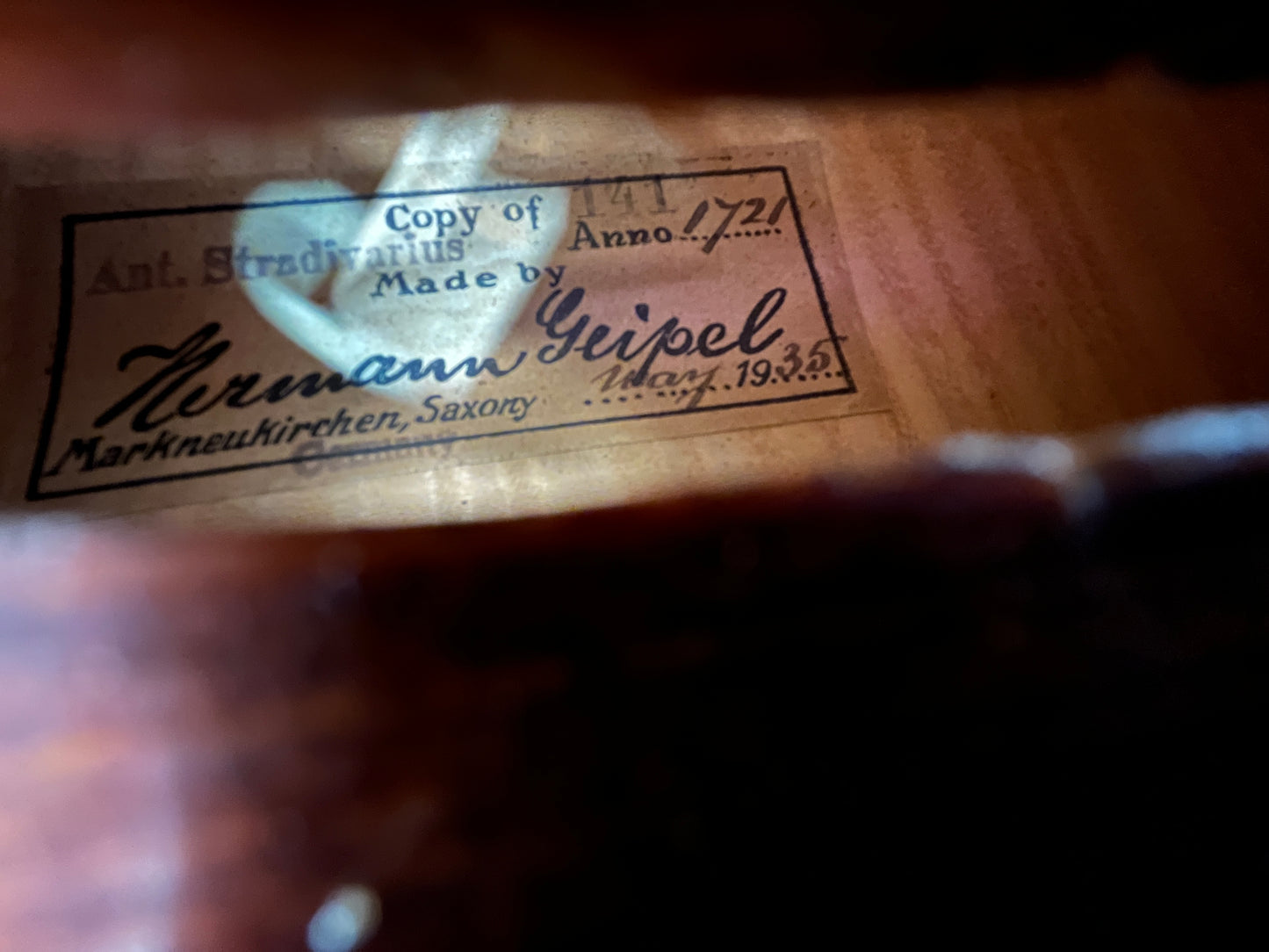 Flamed Hermann Geipel violin full size Strad copy 1935