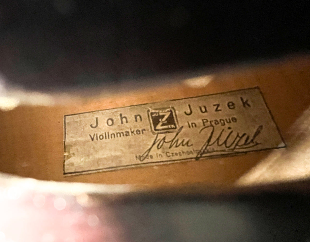 Full size violin labeled John Juzek Violinmaker in Prague violin with case and bow 4/4