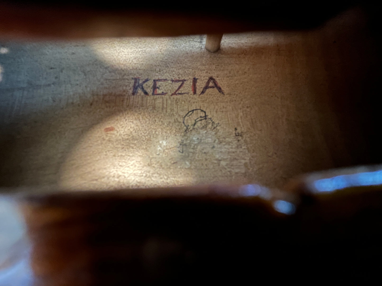 Bluegrass old tyme style folk Fiddle / Violin with the word 'Kezia' written inside - single piece flamed back