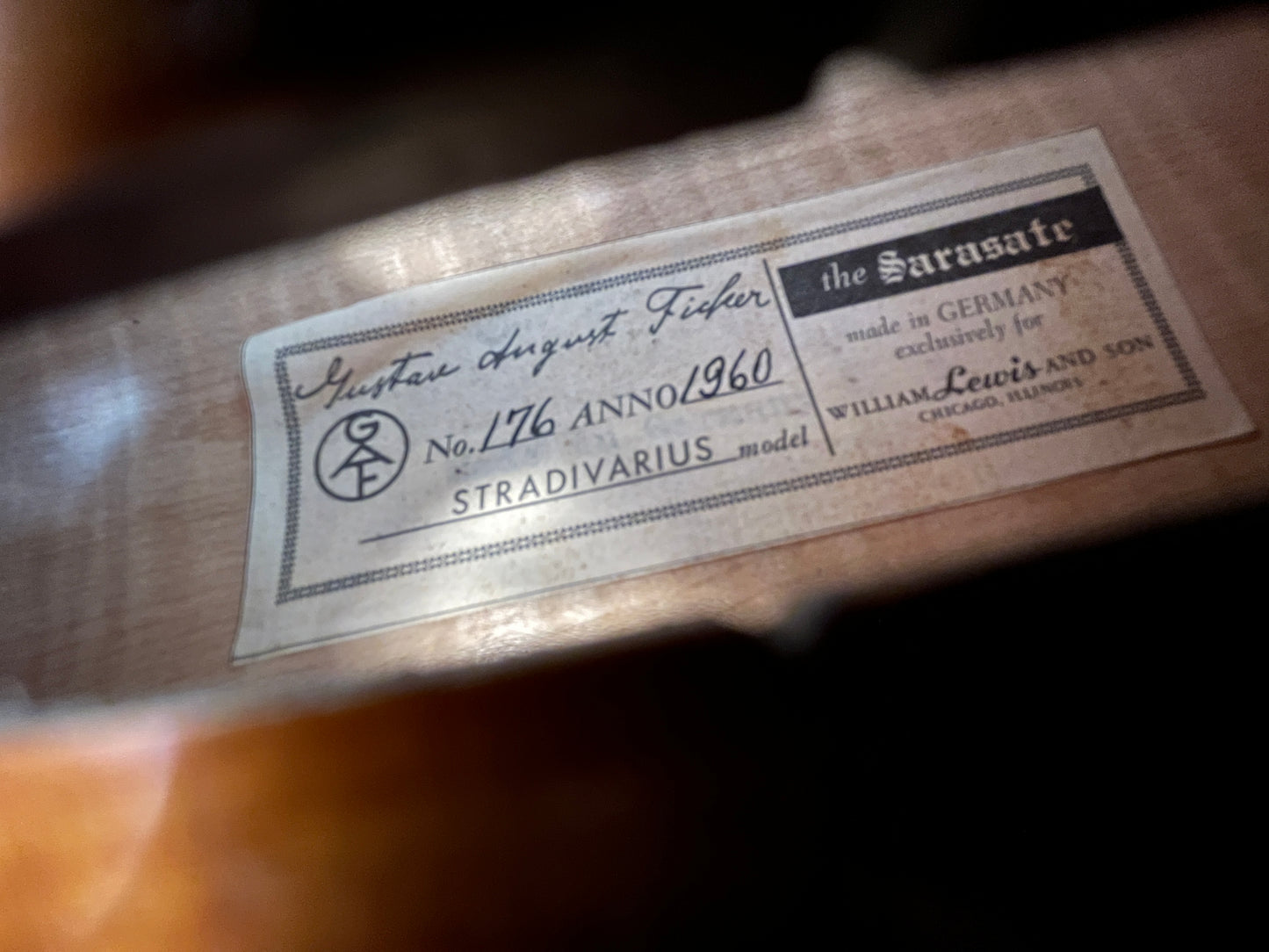 Gustav August Ficker advanced to professional violin made for William Lewis & Son Strad 1960 No. 176 4/4 Full size