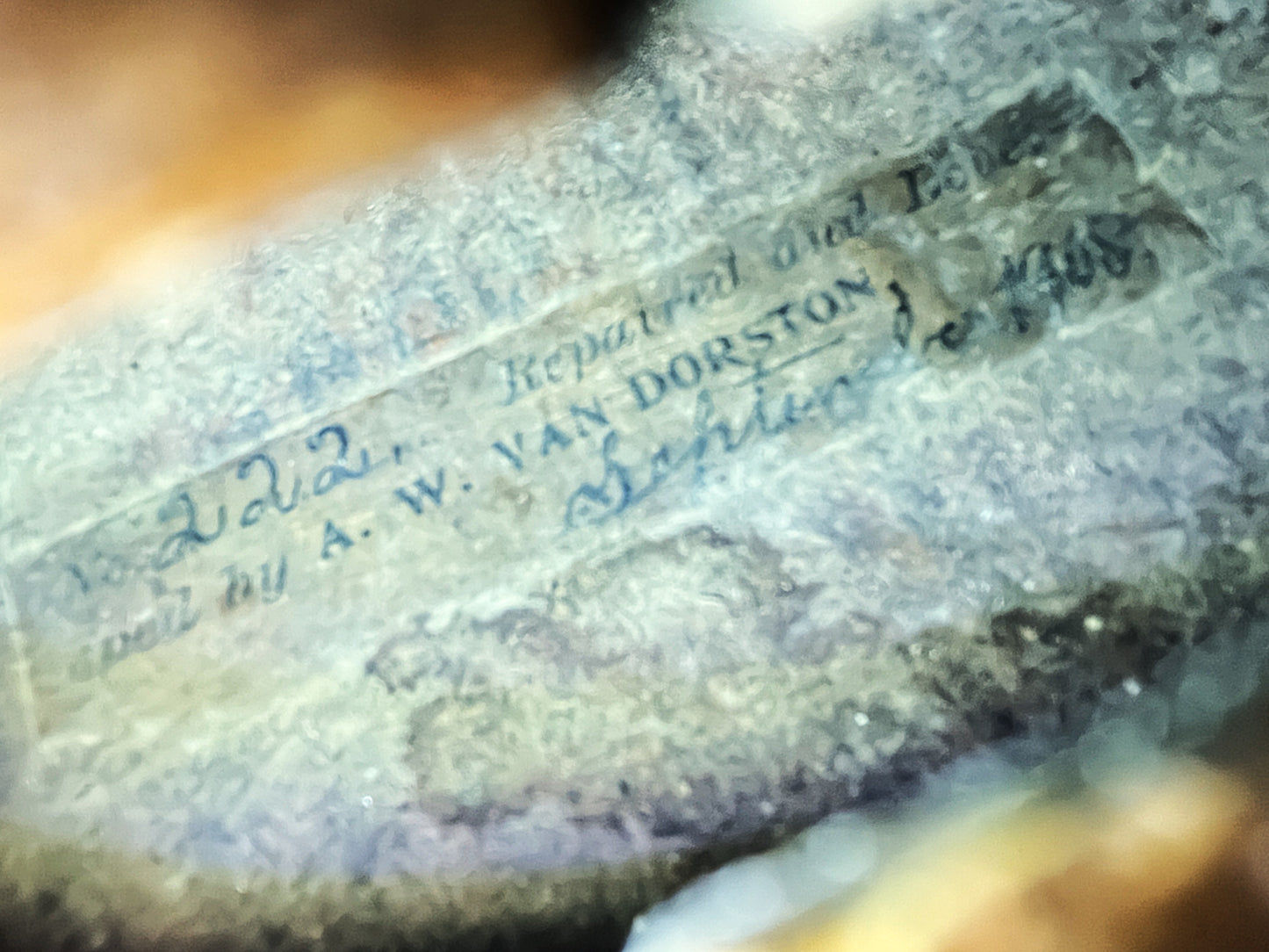 Hopf Stamped Fiddle c. 1890 'Repaired and Developed by A. W. Van Dorston 1908'