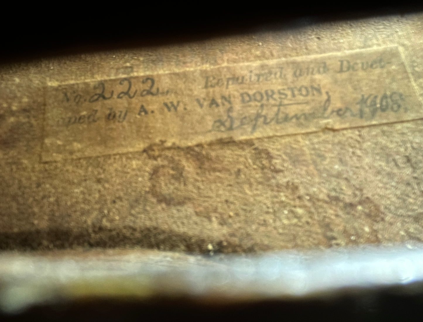 Hopf Stamped Fiddle c. 1890 'Repaired and Developed by A. W. Van Dorston 1908'