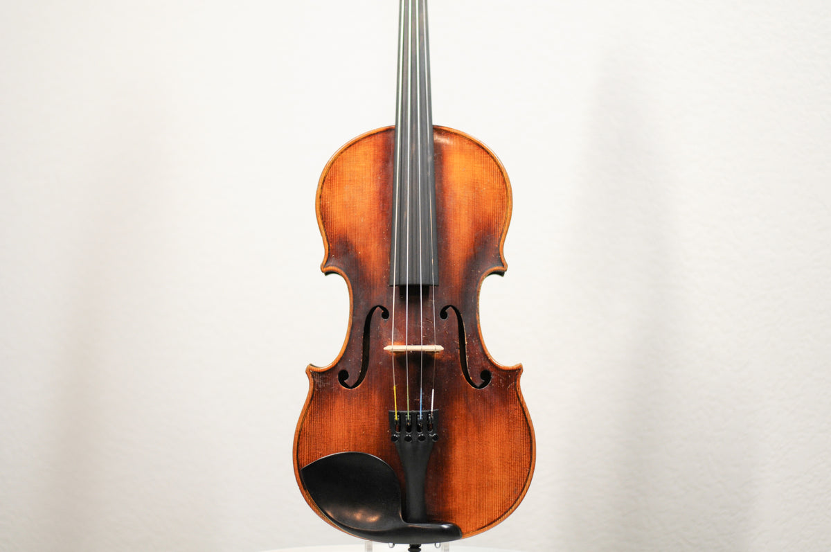 Full size violin labeled John Juzek Violinmaker in Prague violin with case and bow 4/4