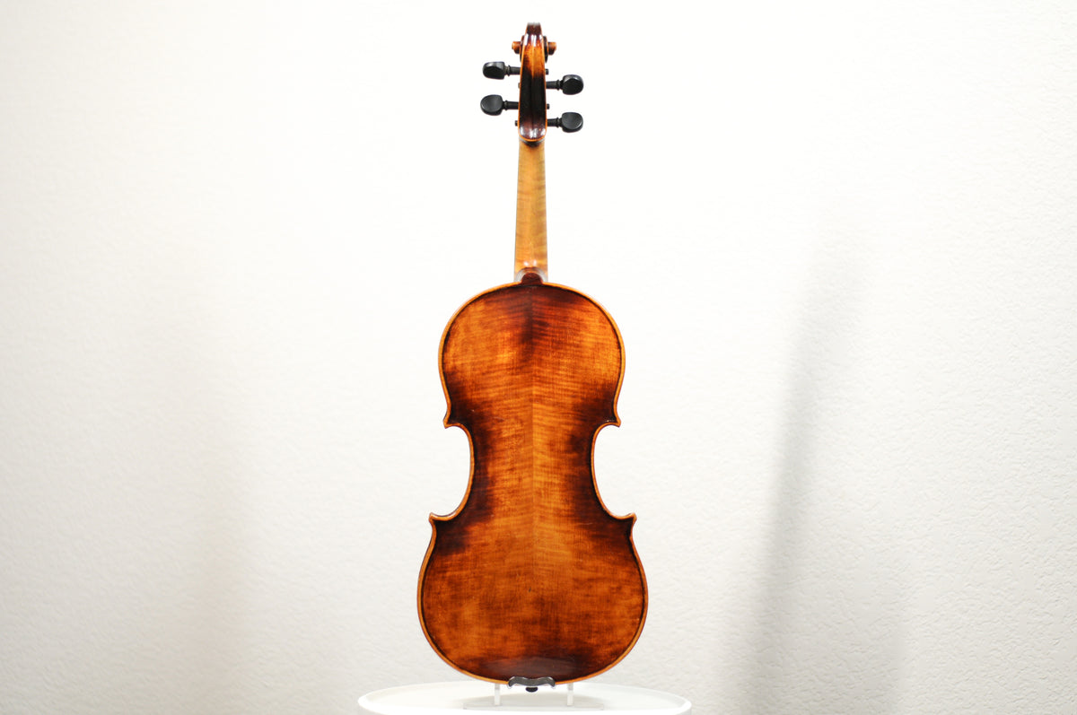 Full size violin labeled John Juzek Violinmaker in Prague violin with case and bow 4/4
